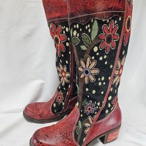Floral Embroidered Red and Black Heeled Boots